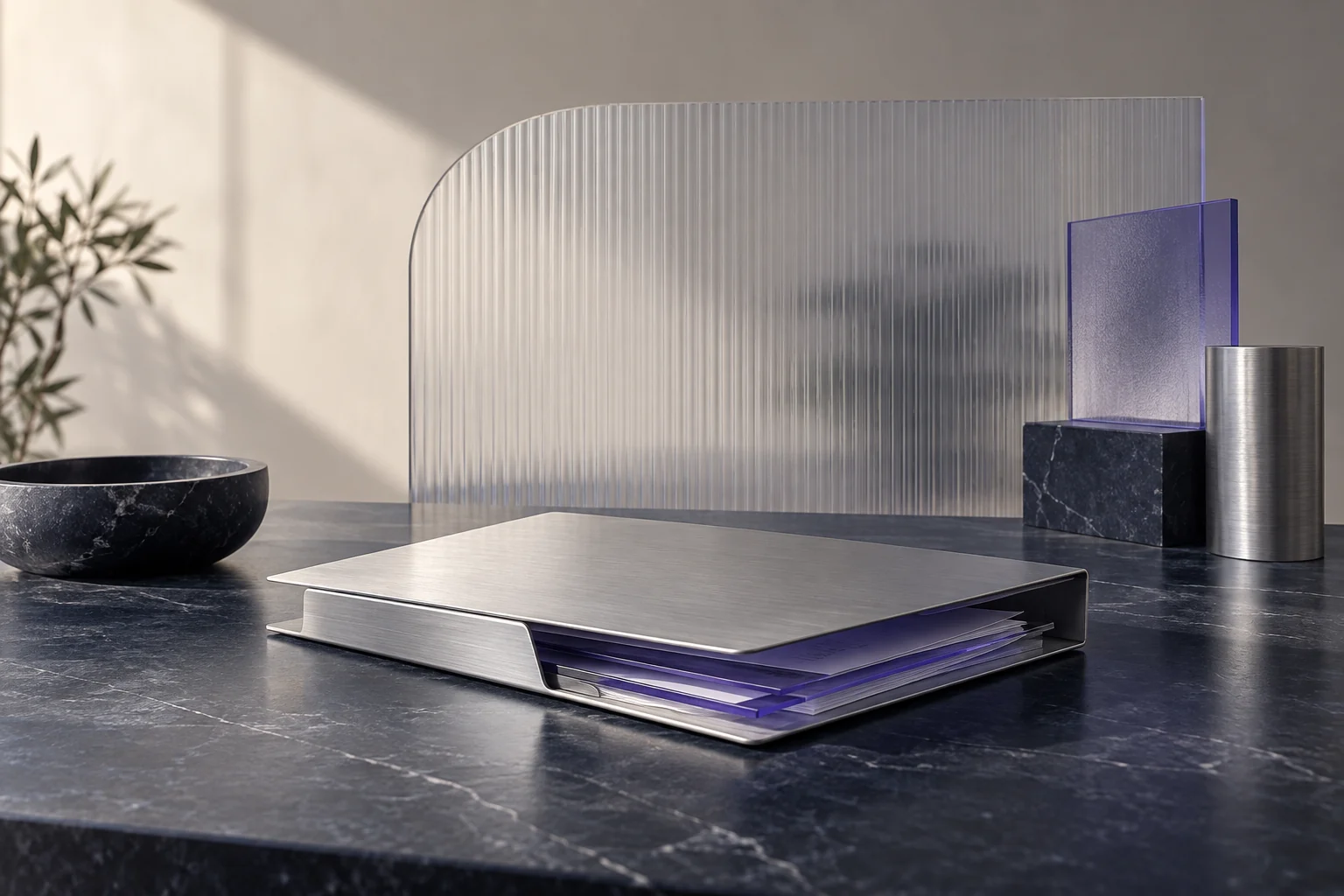 Aluminium document folio in front of a frosted glass privacy screen