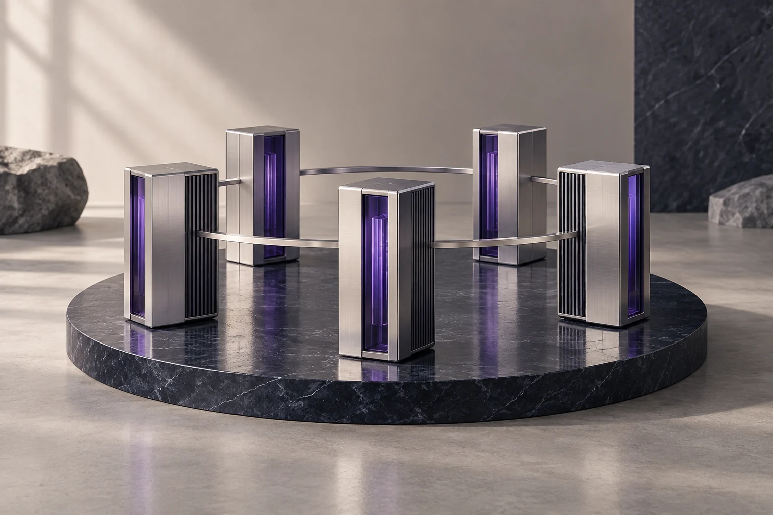 Aluminium server towers connected by circular rails