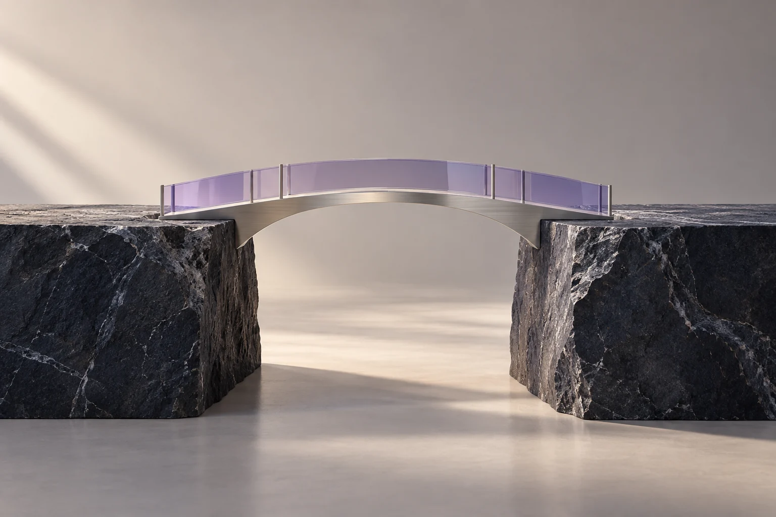 Architectural bridge model connecting two dark stone plinths