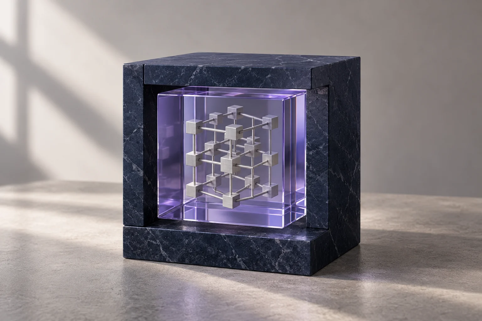 Violet glass cube enclosing a metal lattice within a protective stone frame