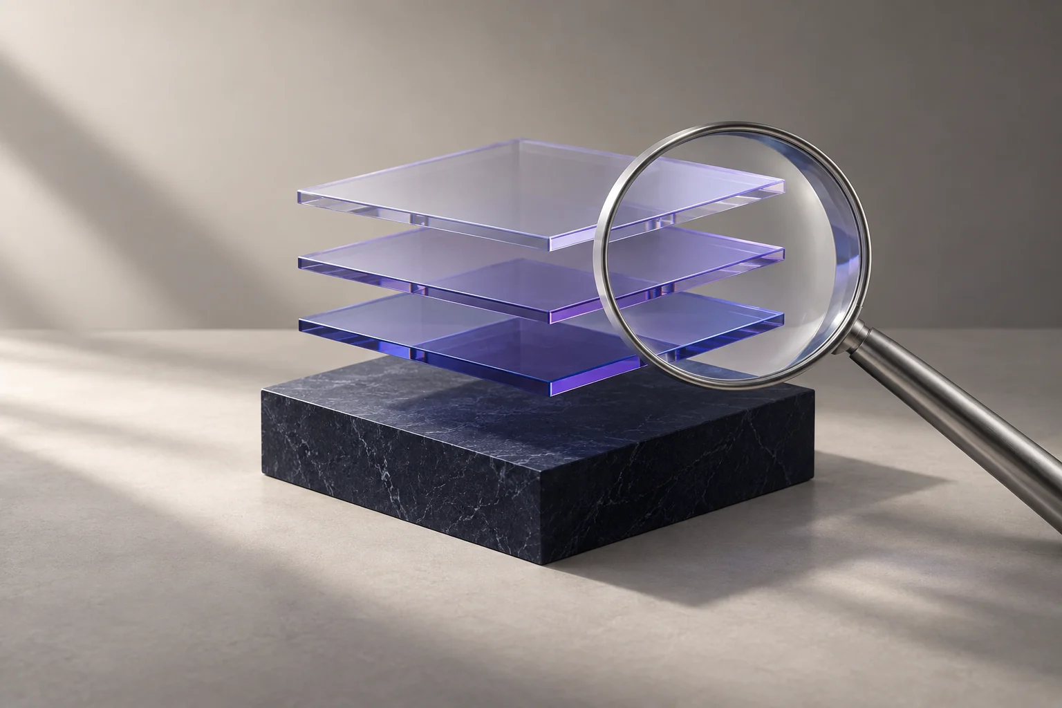 Magnifying glass above layered violet glass plates